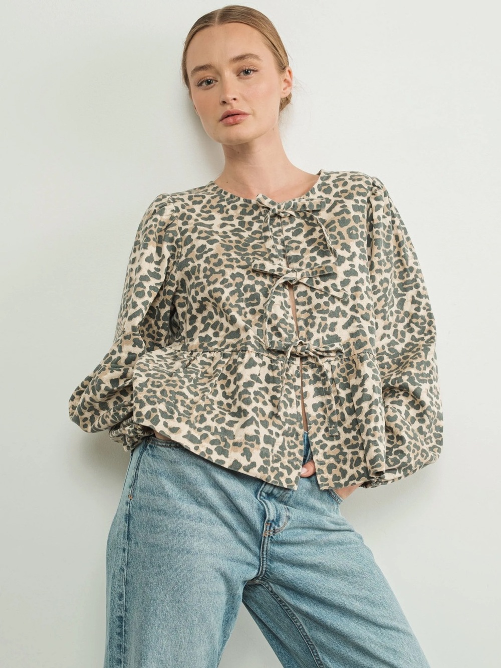 Leopard Print Tie-Front Peplum Blouse - Beige/Green